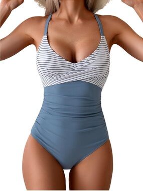 B2prity Tummy Control One Piece Swimsuit XL Blue Stripe V Neck NEW